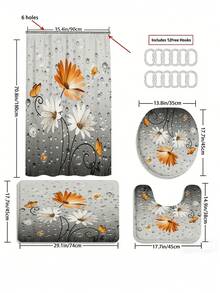 1/3/4件套橙色雏菊水滴图案浴帘套装（多种尺寸可选），包含浴帘、U型马桶垫、防滑地垫、马桶盖套和12个浴帘挂钩。采用涤纶面料，可机洗，四季皆宜，适用于家居/房车/工作室/装饰。 - 橙雛菊 - 查看 14