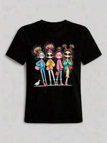 Fashionable Graphic Tee For Women, Casual Summer Style, 100% Cotton, Soft, Breathable, Loose Fit And Short Sleeve, Summer Outfits For Women, Available In Plus Sizes, Going Out Clothes, Girls' Night Brunch Top. - 黑色 - 查看 4