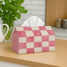 2D Flat Watercolor Pink & White Checkerboard Geometric Fabric Tissue Box Cover, Polyester Wear-Resistant Rectangular Tissue Storage Holder, Minimalist Fresh INS Style, Versatile Soft Decor For Living Room, Bedroom, Bathroom, Vanity, Car, Desktop Decoration - Multicolor - View 7