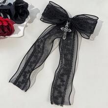 1pc Gothic Cross Decor Accessory, Long Ribbon Mesh Bow Hair Clip, Metal Alligator Clip, For Women,Hair Claws,Bobby Pin - Black - View 2