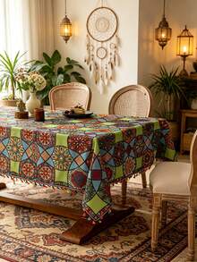 1pc Bohemian Style Geometric Pattern Rectangular Tablecloth With Tassel Trim, Dining Table Cloth, Coffee Table Cover, Home Decor, Room Decoration, Suitable For Kitchen, Dining Room, Living Room, Dining, Gathering, Holiday Celebration, Holiday Decoration, Gift, All Seasons, Spring And Summer Decor - Green Bosey Geometry - View 6