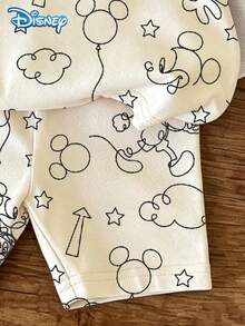 Disney 迪士尼女婴夏季米奇米妮肖像线条艺术印花短袖T恤和短裤套装，可爱休闲假日装，浅色豹纹弹力腰短裤，户外服装 - 杏色 - 查看 7