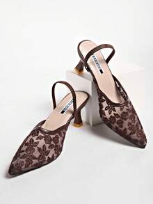 New Chinese Style White High Heel Mules, Pointed Toe Lace Embroidery Convertible Sandals For Women - Brown - View 6