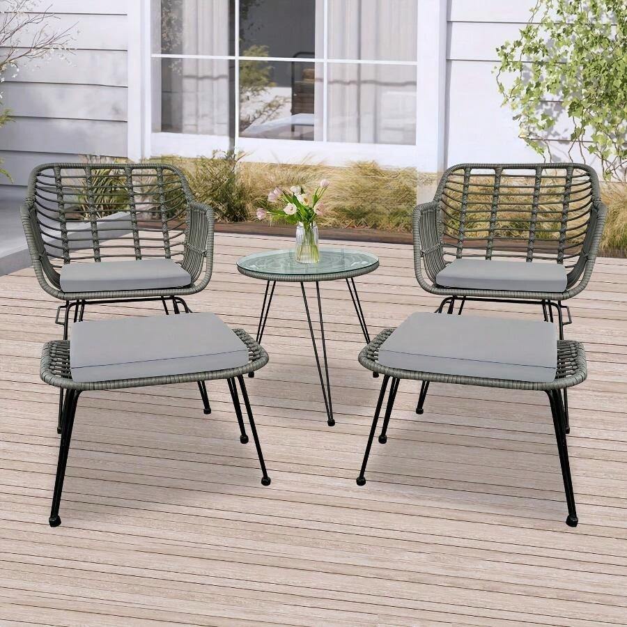 5pcs Rattan Patio Furniture Set With Glass Table Modern Garden Bistro Set With Cushions, Lounge Chairs And Ottomans For Balcony, Backyard, Outdoor Tea Time, Black Cushion, Rust-Resistant Frame - Grey - View 1