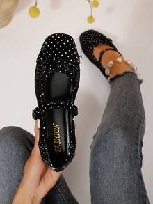 Women's Black Polka Dot Bow Mesh Patchwork Flat Mary Jane Shoes With Buckle Decor - Black - View 1