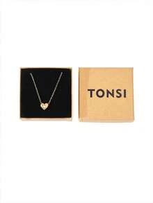 TONSI 1pc 18K Gold Plated Stainless Steel Heart Pendant Necklace, Low Allergy Zirconia Inlaid Choker Necklace, Suitable For Women's Daily, Commute, Holiday, Party Wear, Gift For Friends, Colleagues, Lovers, Valentine's Day - Gold - View 3