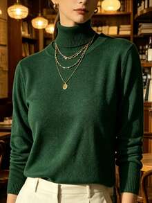 WOMEN'S BLOUSE KNITTING CACHARREL LONG SLEEVE WINTER BASIC HIGH NECK SWEATSHIRT - verde esculo - 查看 1