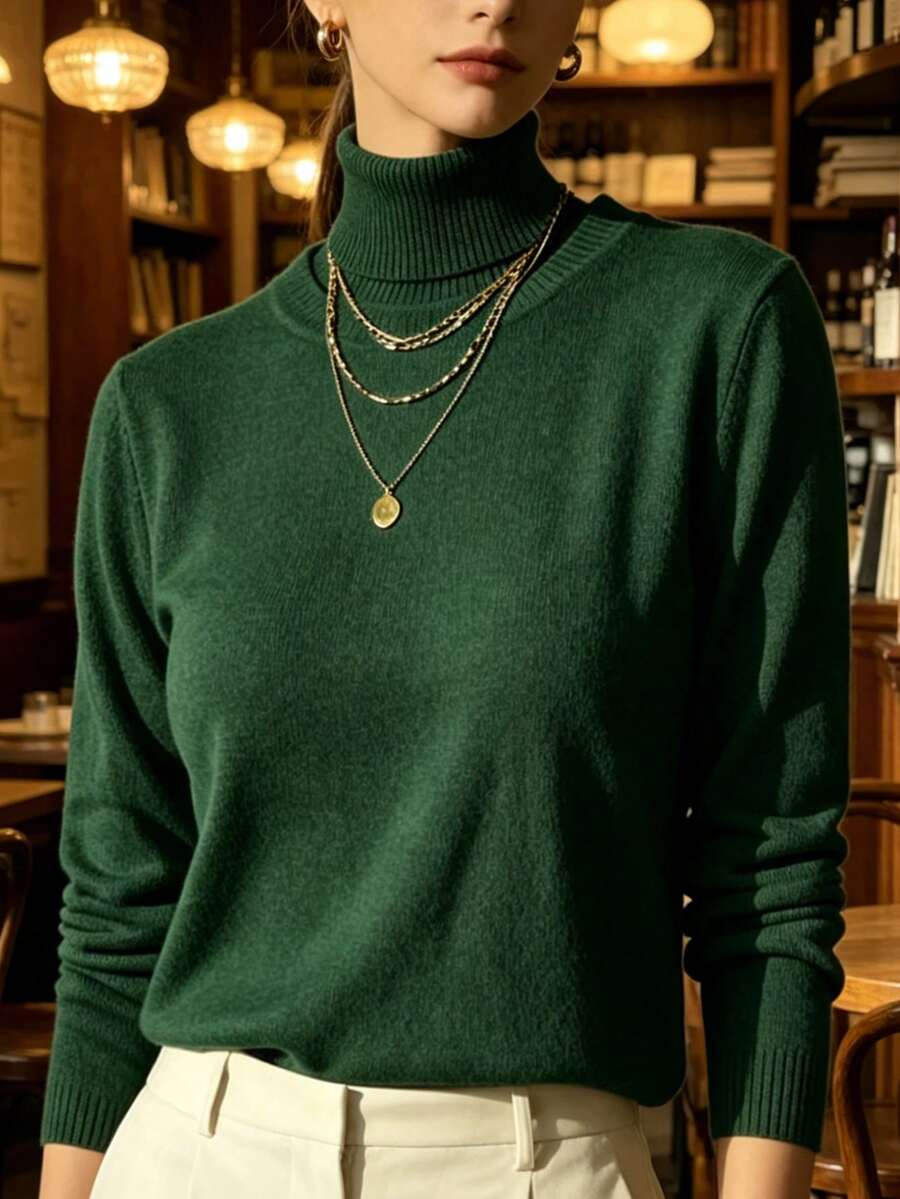 WOMEN'S BLOUSE KNITTING CACHARREL LONG SLEEVE WINTER BASIC HIGH NECK SWEATSHIRT - verde esculo - 查看 1