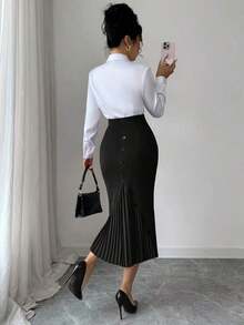Falda lápiz plisada elegante y ajustada para mujer - Negro - Ver 1