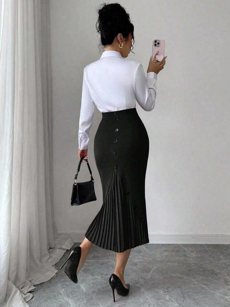 Falda lápiz plisada elegante y ajustada para mujer - Negro - Ver 1