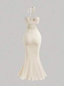 Vestido de cuello halter color albaricoque como cobertura de traje de baño para mujer, ideal para playa y resort - Beis - Ver 2