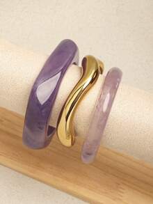3pcs Retro Artistic Tie Dye Resin Geometric Round Bangle Bracelets For Women - Purple - View 3
