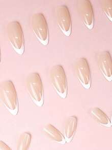Bộ 24 miếng dán móng tay kiểu Pháp màu hồng nude bóng, hình hạnh nhân cỡ vừa, thanh lịch và tự nhiên, dễ dán và dễ gỡ, bao gồm 1 gel dán và 1 dũa móng, móng giả thời trang phù hợp cho nữ công sở, hẹn hò, mùa xuân/hè. - Hồng - Xem 4