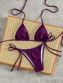 Women's Sexy Fashion Minimalist Chic Beach Vacation Travel Party Solid Color Halter Tie Bikini Swimwear, New Spring/Summer - Purple Rice Sprouts - View 2