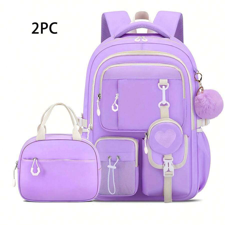 2pcs Heart-Shaped Backpack Set With Matching Handbag, Large Capacity Teen Backpack With Pom Pom Charm, Multi-Compartment Design, For Daily Use, Office, Short Trips - Sets - View 1