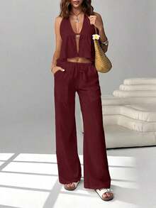 2 piezas Conjunto casual de vacaciones para mujer con top halter sin espalda y pantalones en color caqui tejido - Rojo violeta - Ver 7