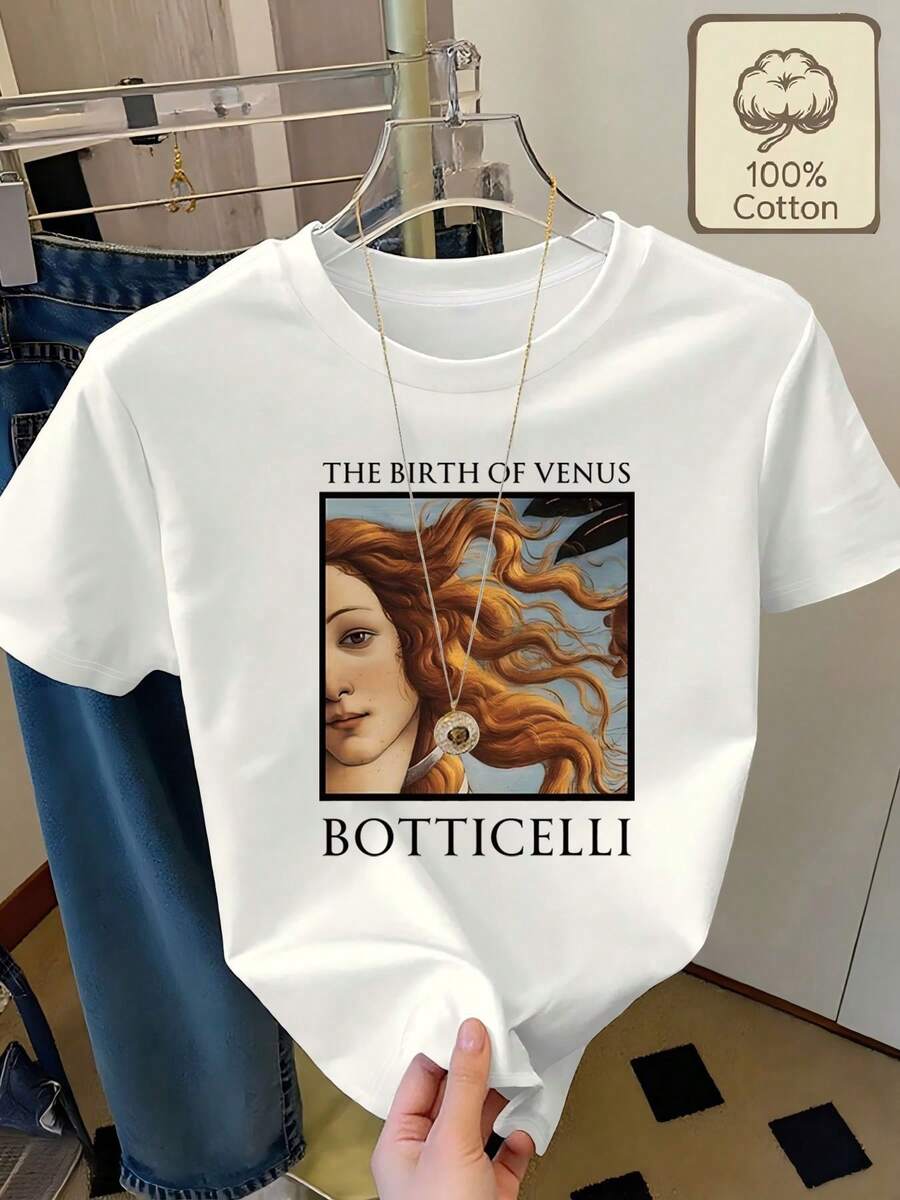 100% Pure Cotton T-Shirt Featuring Botticelli's Masterpiece "The Birth Of Venus", Round Neck, Short Sleeves, Summer Wear, Comfortable And Breathable For Everyday Casual Outfits, Women's Summer Clothing - 白色的 - 查看 1