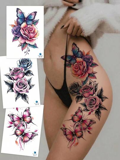 STARTTOOS 3pcs Colorful Summer Floral Temporary Tattoo Stickers, Rose, Peony, Butterfly Designs, Sexy Bikini Beach Body Art Stickers For Arms, Legs, Chest, Abdomen, Back, Daily Party Festival Gifts, Waterproof Realistic Body Tattoos