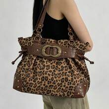 Leopardenmuster Vintage Tragetasche, Y2K Retro Schnallen Schultertasche, Große Kapazität Pendler Boho Handtasche, Geeignet für den täglichen Gebrauch - Braun - Übersicht 1
