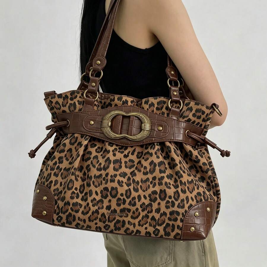 Leopardenmuster Vintage Tragetasche, Y2K Retro Schnallen Schultertasche, Große Kapazität Pendler Boho Handtasche, Geeignet für den täglichen Gebrauch - Braun - Übersicht 1