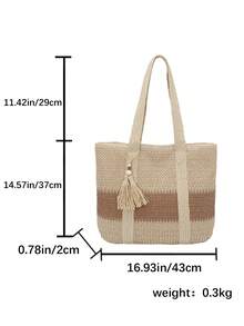 Bolso de playa estilo bohemio de color contrastante, bolso de playa tejido de gran capacidad con flecos y decoración de cuentas, adecuado para vacaciones en la playa y salidas diarias, regalo para maestros - Beis - Ver 7
