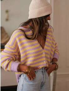 Women's Striped Knit Ribbed Button-Front Long Sleeve Cardigan, Elegant Casual For Daily Wear, Country Concert, Vacation, Spring, Autumn, Winter Fall - Mauve Purple - View 5