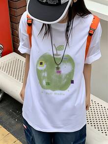 Women's Clothing: Women's Loose And Casual Short-Sleeved T-Shirt, Sweet And  Street Style, Green Apple And Letter Print, Pure Cotton Fabric, Suitable For Everyday Summer Wear, Versatile Casual Sports Top. - 白色 - 查看 2