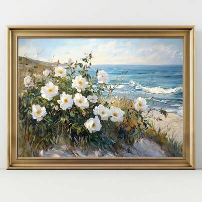 1 peça, Arte de parede em tela, Decoração de parede emoldurada, Rosas da praia de areia branca costeira, Arte de rosas silvestres de verão à beira-mar, Ondas azuis e flores brancas, Pintura decorativa de paisagem de praia, Pintura de roseira branca em estilo náutico, Paisagem costeira brilhante de verão, Decoração de ponto focal para sala de estar de casa de praia, Arte floral de praia mais vendida, Pôster de verão, Decoração de verão, Decoração de quarto, Decoração de dormitório, Decoração de quarto, Decoração de cozinha, Decoração de banheiro, Presentes de verão, Decoração de feriado