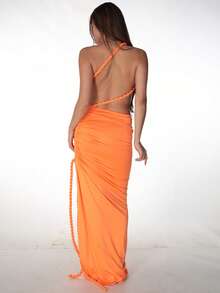 Women's Summer Solid Color Patchwork Backless Side Slit Ruched Long Dress, Fitted Sexy Elegant Party Gown - Orange - View 8