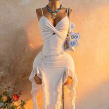 guangzhougaolangshangmao  Vestido midi de mujer de vacaciones informal de unicolor con tirantes de espagueti y bajo asimétrico retorcido - Blanco - Ver 1
