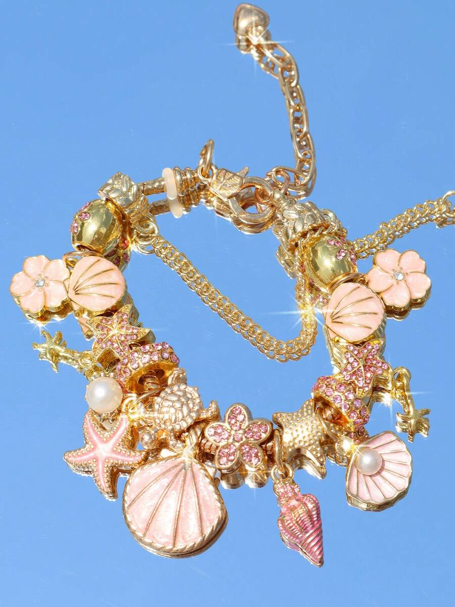 1 chiếc vòng tay charm phong cách đi biển họa tiết da báo & hoa anh đào, vòng tay sao biển & vỏ sò sinh vật biển, vòng tay DIY hoa anh đào mùa hè, vòng tay thời trang hoa anh đào & sao biển