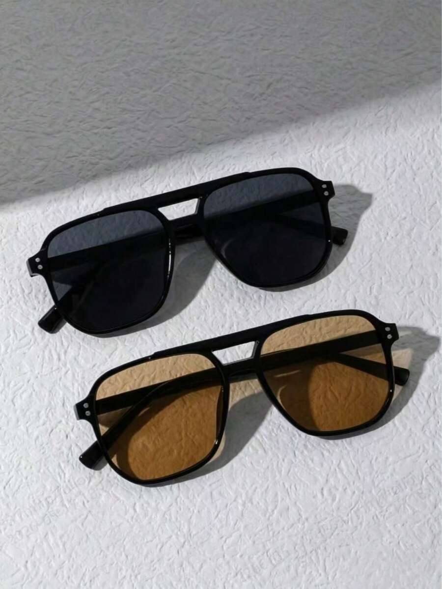 Bộ 2 kính thời trang vuông đính đinh tán unisex, màu cam, đen, vàng. - Đen + Trà - Xem 1
