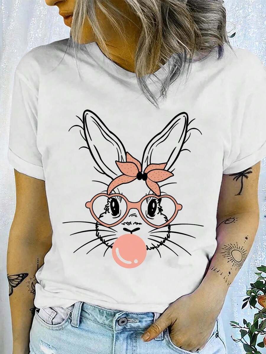 New Arrival,Women's Cute Bunny Graphic T-Shirt - Short Sleeve Crew Neck Top, White with Pink Bow Detail Tee Tee For adult, Men, Women, Teen, Teenager, - Blanco - Ver 1
