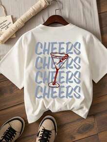 Camiseta de algodón de mujer con diseño de copa de vino de cereza, de manga corta y estilo casual minimalista, para el verano, de tejido cómodo - Blanco 8 - Ver 1