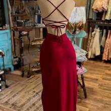 YijiaNvz  Vestido con abertura de unicolor de moda para mujer - Naranja - Ver 3