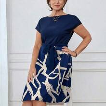 Nana's Women's Clothing Store Medorina Vestido casual de mujer con estampado y patchwork para el verano, conjunto casual de negocios para mujer para primavera y verano - Amarillo - Ver 5