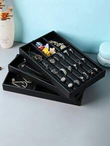 1/5pcs Black Desktop Jewelry Display Storage Box, Elegant Stackable Velvet Jewelry Tray Organizer - Portable Multipurpose Storage For Rings, Earrings And Necklaces - Black - View 3