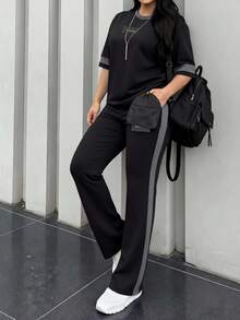 Spring Summer Autumn Plus Size Women's New Round Neck Short Sleeve T-Shirt & Casual Elastic Waist Loose Long Pants 2 Pieces Set. Elegant - Black+Gray - View 6