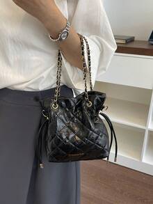 1pc Women's Nylon Handbag With Beaded & Pearl Decor, Fashion Drawstring Bucket Shoulder Bag - Black - View 6