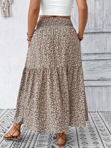 Plus Size Women Ditsy Floral Ruffle Hem Drawstring Waist Casual Midi Skirt, Suitable For Autumn Vacation Summer - Khaki - View 3
