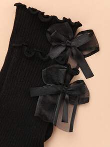 1 Paar Damen schwarze Söckchen mit Rüschenbesatz, gestreiftem Schleifen Design, bequem und vielseitig für den täglichen Gebrauch - Schwarz - Übersicht 6