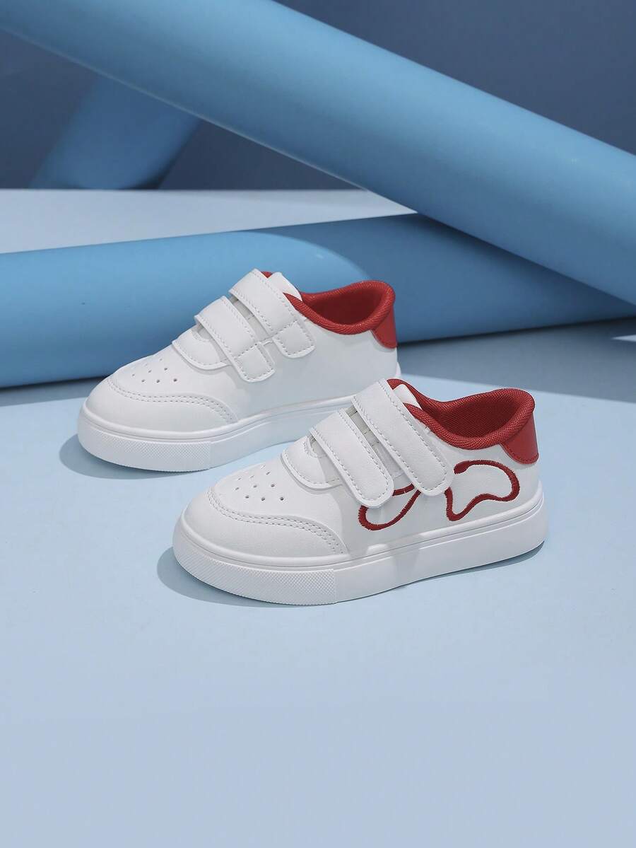 1 Pair Non-Slip Wear-Resistant Breathable Flat Hook And Loop White Sneakers With Distinctive Logo, Suitable For Matching With Skirts - Red and White - View 1