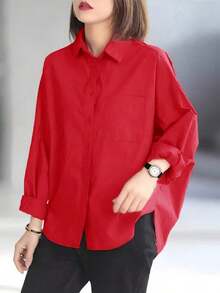 de manga larga de unicolor y estilo minimalista para mujer, camisa suelta y holgada de manga larga y solapa para mujer, camisa casual de unicolor con bajo de murciélago, prenda exterior versátil y minimalista para uso diario con protección, color rojo primaveral - Caqui - Ver 7