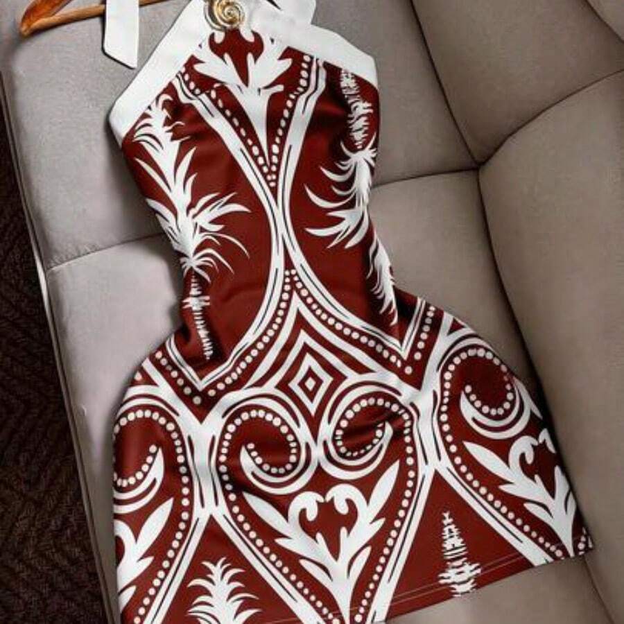 guangzhougaolangshangmao Vestido mini ajustado con estampado de bloques de color, con cuello de halter y cintura con lazo, sexy y casual para playa, vacaciones y viajes para mujeres - Burdeos - Ver 1