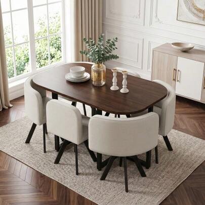Dining Table And Chair Set For People, Consisting Of A Dining Table And Chairs With Linen Upholstery, Suitable For Kitchens And Dining Rooms