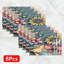 1件/4件/6件装花卉图案亚麻餐垫，适用于餐桌，四季皆宜，现代可水洗餐垫，家居装饰，杯垫，厨房餐垫，室内外派对装饰，理想礼品 - 彩色 - 查看 12