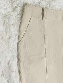 SMUM Women's Corduroy Skirt With Pockets And Slit, With Belt, In Khaki And Leopard Print - 湖藍色 - 查看 3