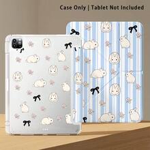 Funda protectora de cristal acrílico para tableta con efecto pintado de rayas azules & blancas, conejo blanco, lazo & patrón floral pequeño, con soporte, plegable anti-doblez, esquinas reforzadas de silicona, función de activación/suspensión automática, ranura para lápiz integrada, soporte plegable multi-ángulo - Multicolor - Ver 6