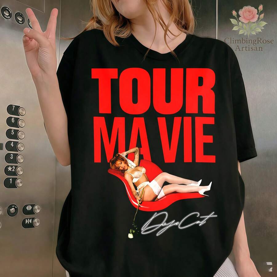 Red Doja Cat Tour My Life 2026 T-Shirt New Arrival Unisex Doja Cat T-Shirt Fits Plus Sizes Red Concert Graphic T-Shirt.Png - Black - View 1