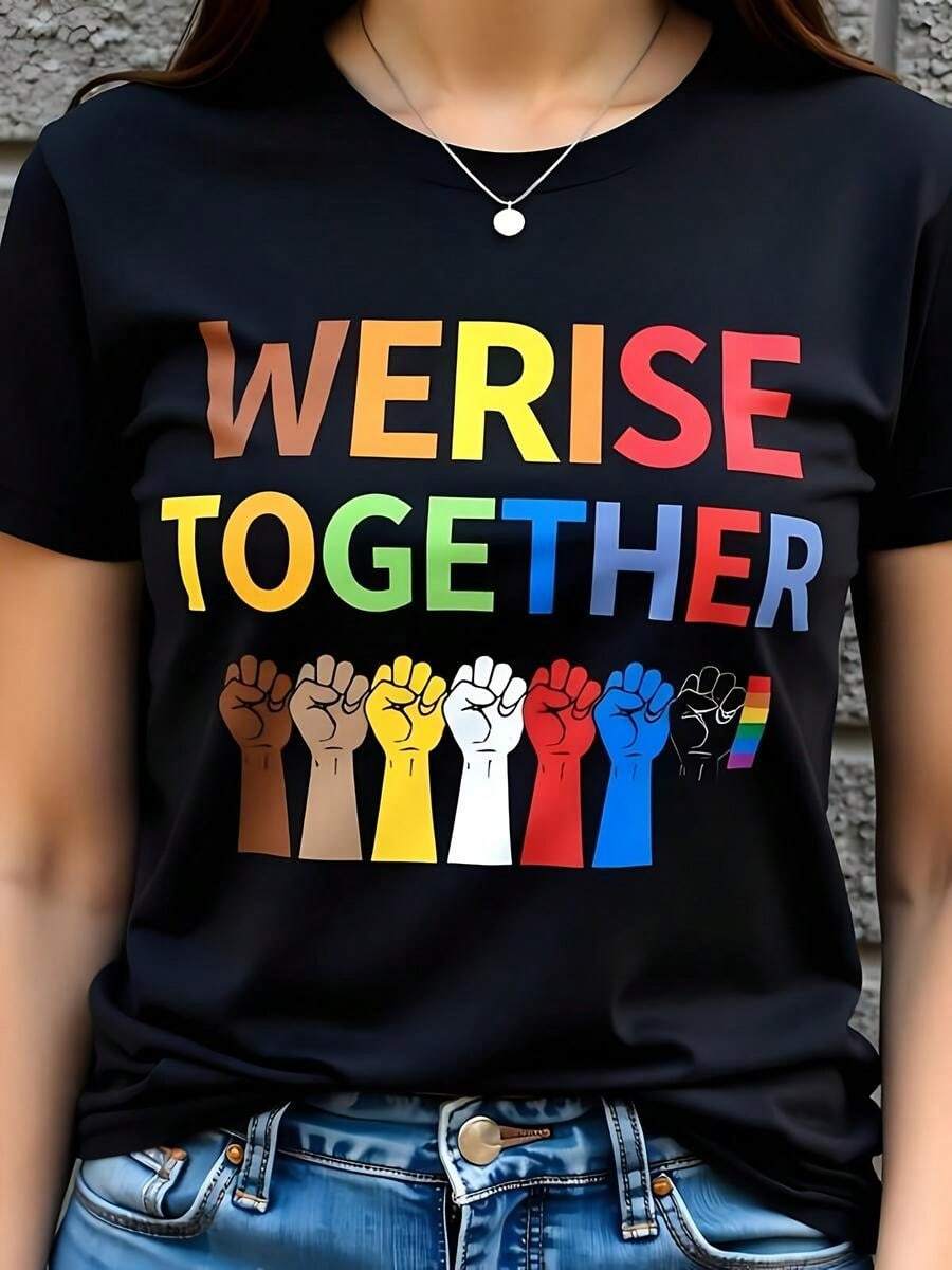 1 pieza de playera para hombre y mujer, 100% algodón puro, cuello redondo casual con estampado, manga corta transpirable para uso diario. Imprime el texto Subimos juntos y diversos pu?os en el dise?o de arcoíris playera - Negro - Ver 1